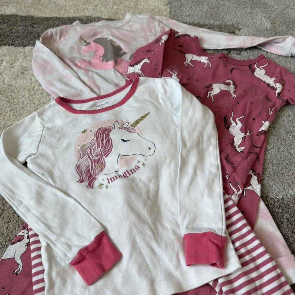 Carter's Girls 3-Pack Unicorn Pajama Set Baby Gap Pink Mauve Size 5 Long Sleeve